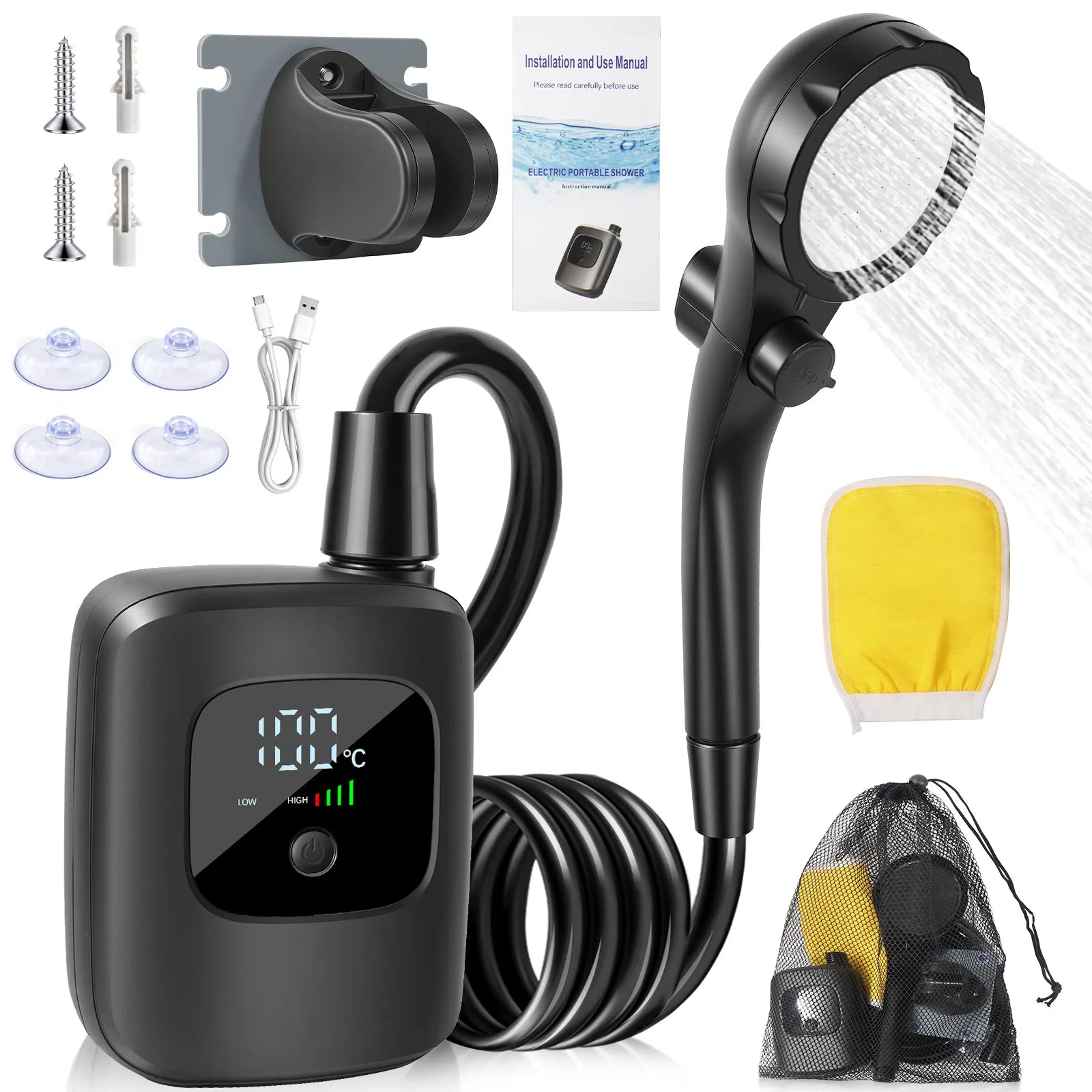 Outdoor shower gadget, portable electric shower with handheld shower head for wilderness, household use